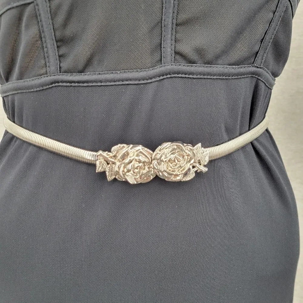 Vintage 80s Silver Toned Slinky Stretch Women's Belt with Rose Buckles Sleek